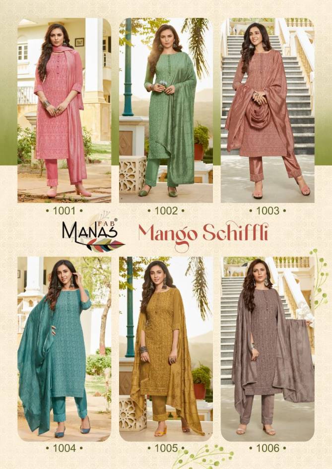 Manas Mango Schiffli Fancy Georgette Printed Ethnic Wear Ready Made Suit Collection